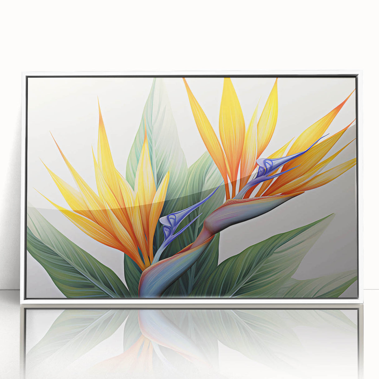 Framed acrylic wall art featuring a vibrant Bird of Paradise design, showcasing rich colors and intricate botanical details, ideal for home decor.