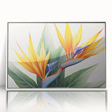 Framed acrylic wall art featuring a vibrant Bird of Paradise design, showcasing rich colors and intricate botanical details, ideal for home decor.