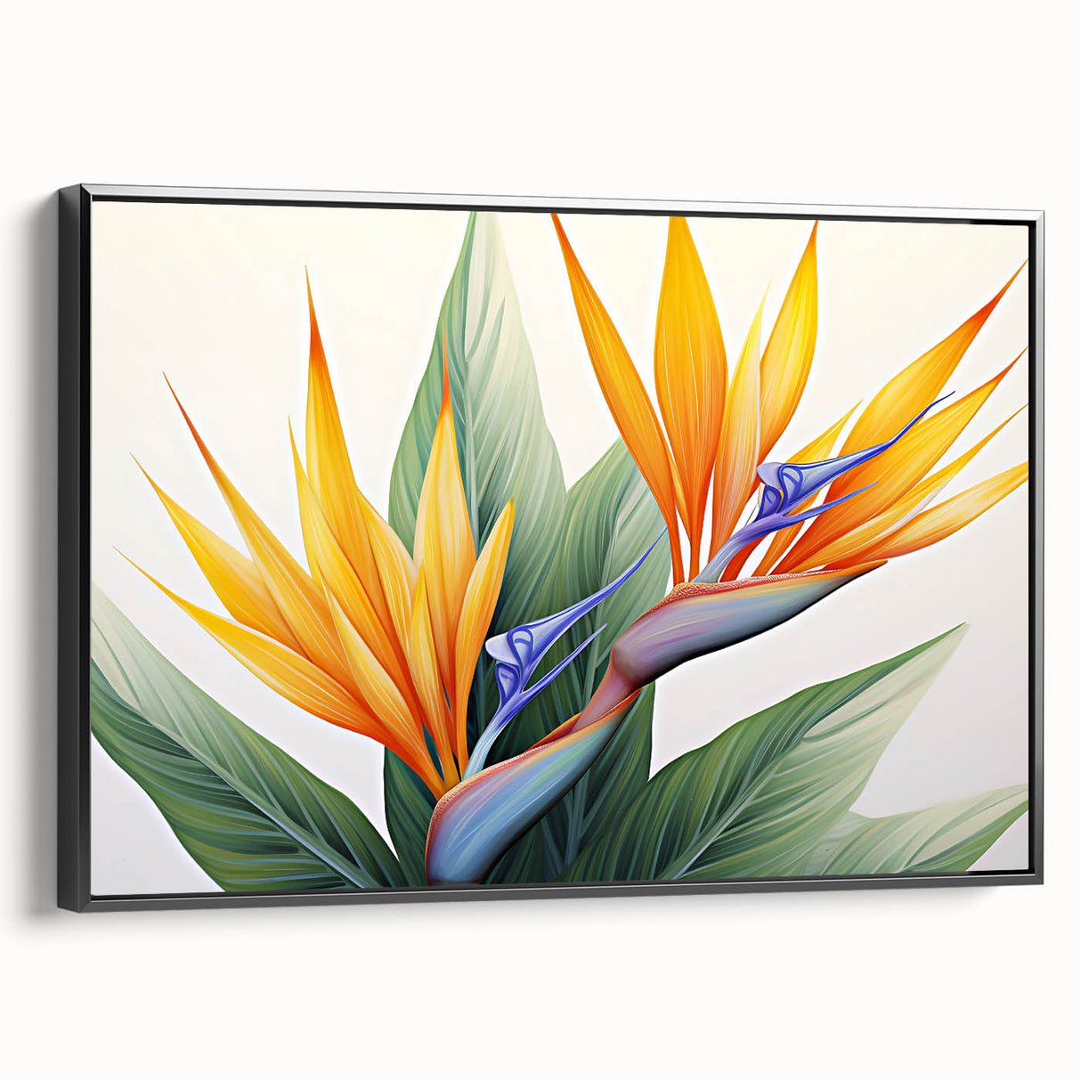 Framed wall art featuring a botanical Bird of Paradise design, showcasing vibrant colors and intricate details, set against a sleek black frame, perfect for home decor.