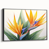 Framed wall art featuring a botanical Bird of Paradise design, showcasing vibrant colors and intricate details, set against a sleek black frame, perfect for home decor.