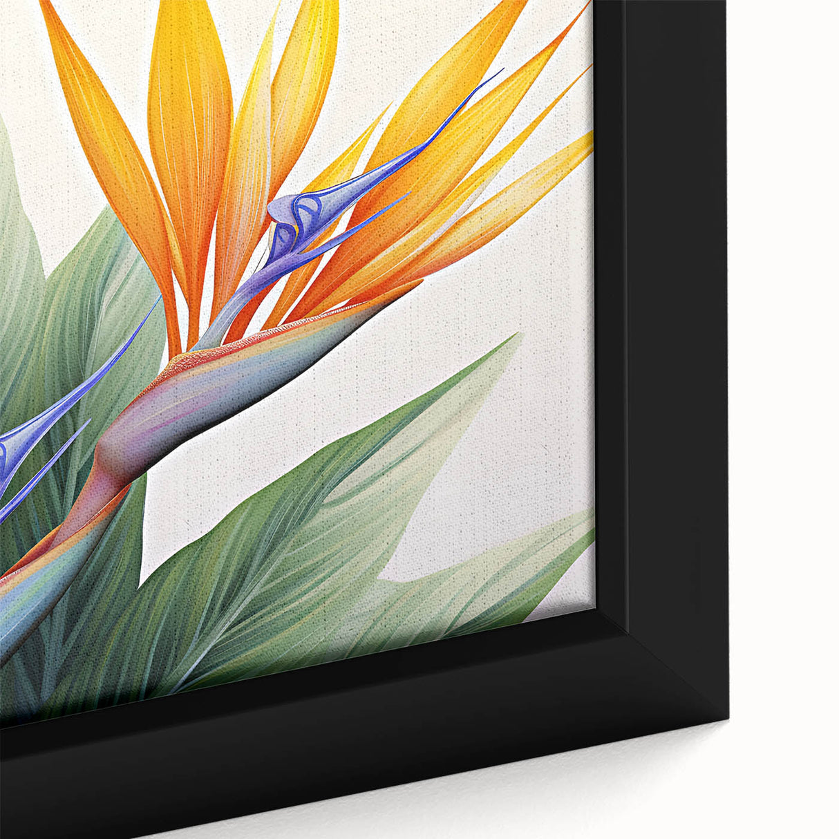 Close-up of a vibrant Bird of Paradise wall art design featuring bold colors and intricate botanical details, framed for an elegant display in home decor.