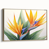 Framed wall art showcasing a vibrant Bird of Paradise design with intricate floral details, set against a gold background, perfect for home decor.