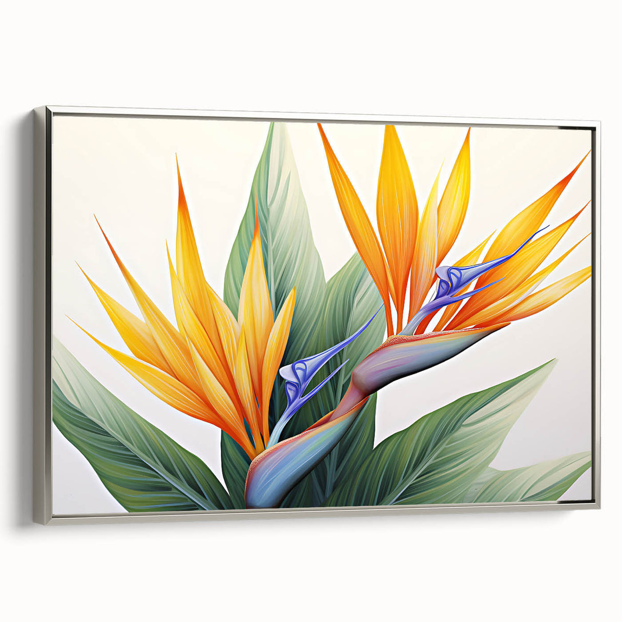 Framed wall art showcasing a vibrant Bird of Paradise design with lush floral elements, highlighted by a sleek silver frame, perfect for modern decor.