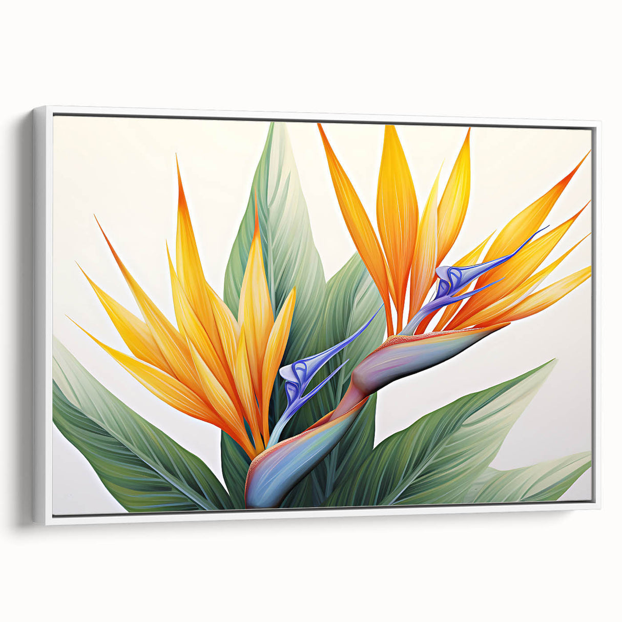 Framed canvas wall art showcasing a vibrant bird of paradise design with intricate botanical details, displayed against a white background, perfect for home decor.