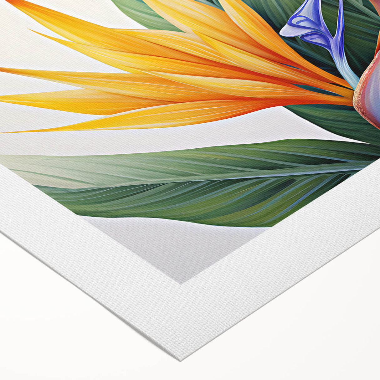 Vibrant rolled canvas artwork depicting a botanical bird of paradise design, showcasing intricate floral details and rich colors, perfect for home decor.
