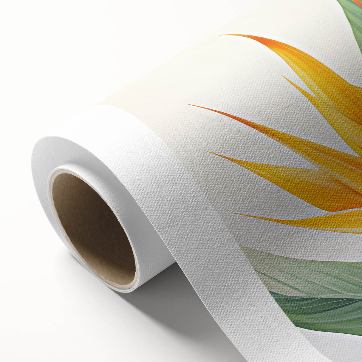 Vibrant rolled canvas showcasing a botanical Bird of Paradise design with bright colors and intricate details, perfect for enhancing home decor.