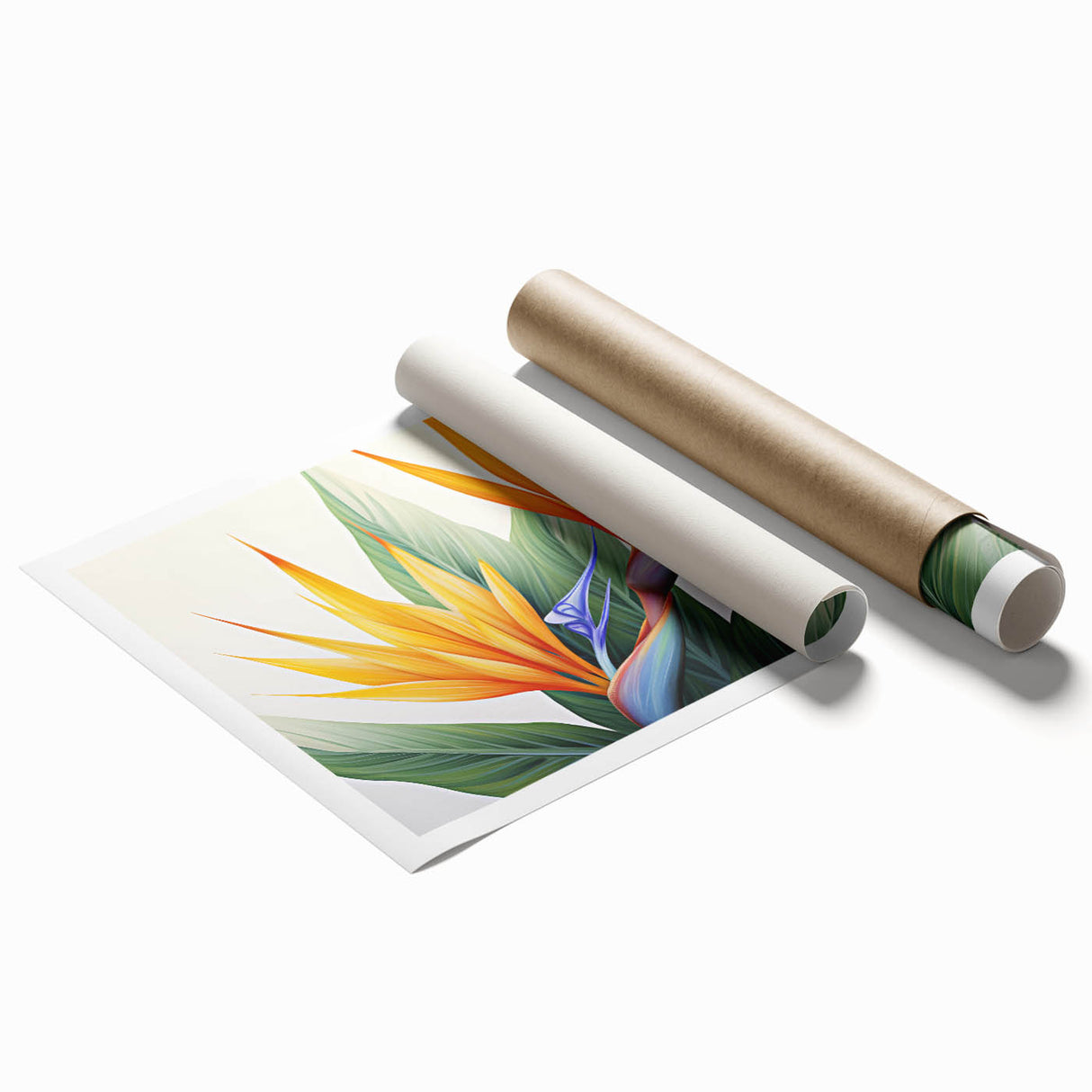 Vibrant rolled print showcasing a botanical Bird of Paradise design, featuring lush green leaves and bold orange flowers on high-quality canvas, ideal for home decor.
