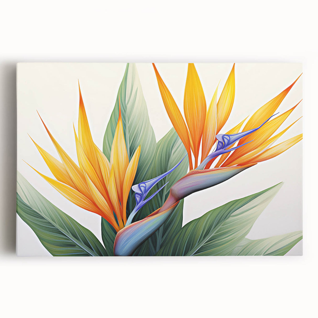 Stretched canvas artwork showcasing a vibrant Bird of Paradise floral design, featuring rich colors and intricate details, perfect for enhancing home decor.