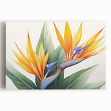 Stretched canvas artwork showcasing a vibrant Bird of Paradise floral design, featuring rich colors and intricate details, perfect for enhancing home decor.