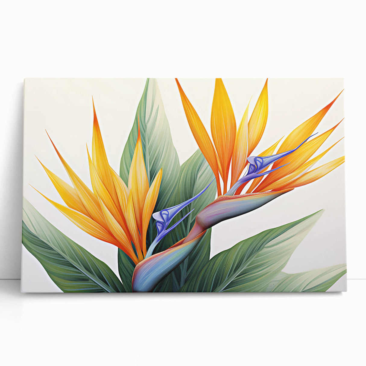 Vibrant Bird of Paradise wall art on stretched canvas, showcasing lush tropical flowers in bold colors, perfect for enhancing home decor with a botanical theme.