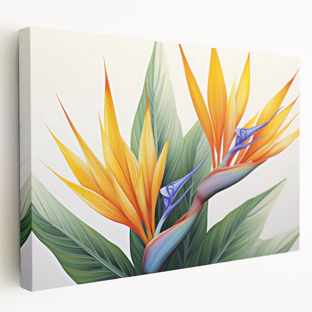 Stretched canvas wall art showcasing a vibrant Bird of Paradise floral design in botanical style, featuring intricate details and rich colors, perfect for home decor.