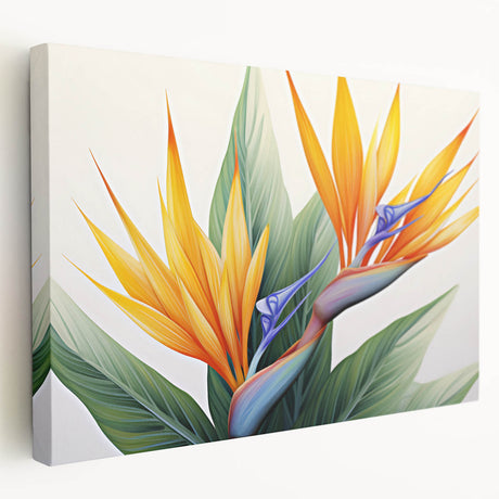 Stretched canvas wall art showcasing a vibrant Bird of Paradise floral design in botanical style, featuring intricate details and rich colors, perfect for home decor.