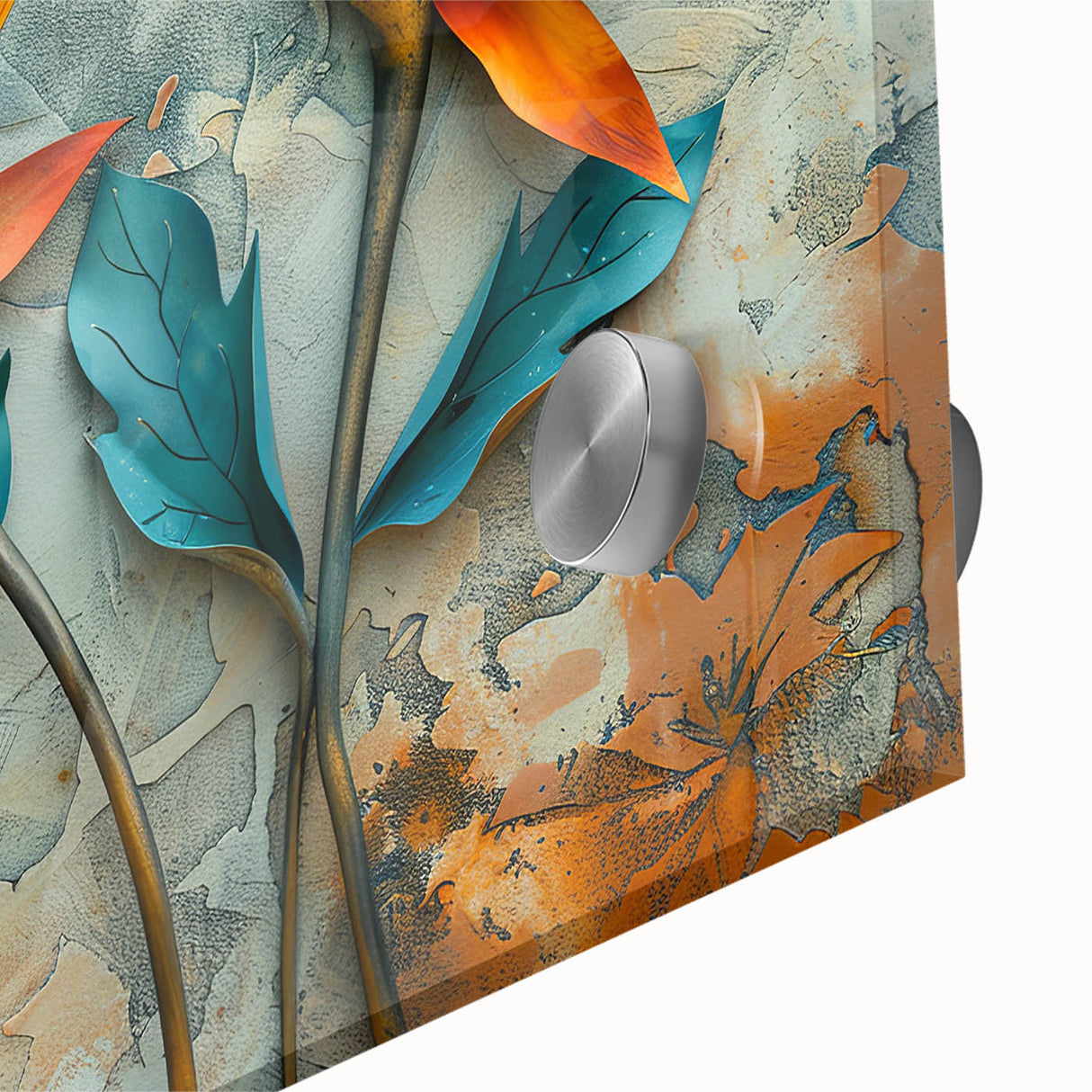 Close-up of a vibrant bird of paradise wall art design, showcasing intricate floral patterns in rich colors, printed on acrylic glass for a striking decor piece.