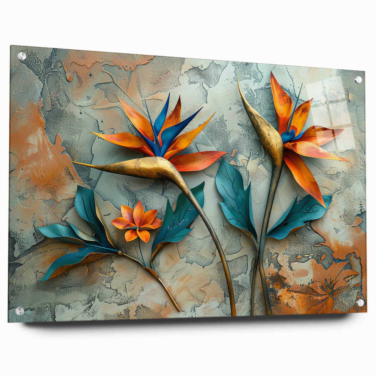 Side view of a vibrant Bird of Paradise wall art piece, featuring lush floral designs in bold colors, displayed within an acrylic glass frame with pins.