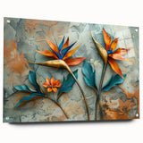 Side view of a vibrant Bird of Paradise wall art piece, featuring lush floral designs in bold colors, displayed within an acrylic glass frame with pins.