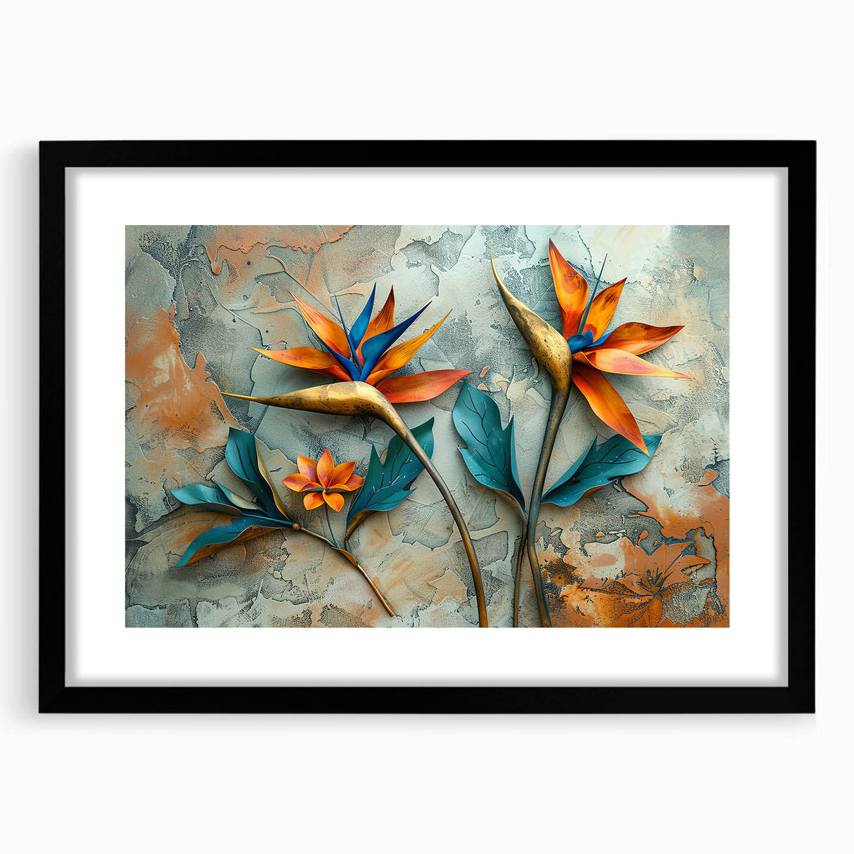 Framed wall art featuring a botanical design of a Bird of Paradise flower, set in a sleek black frame with a white mat, ideal for modern decor.
