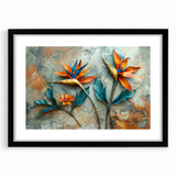 Framed wall art featuring a botanical design of a Bird of Paradise flower, set in a sleek black frame with a white mat, ideal for modern decor.