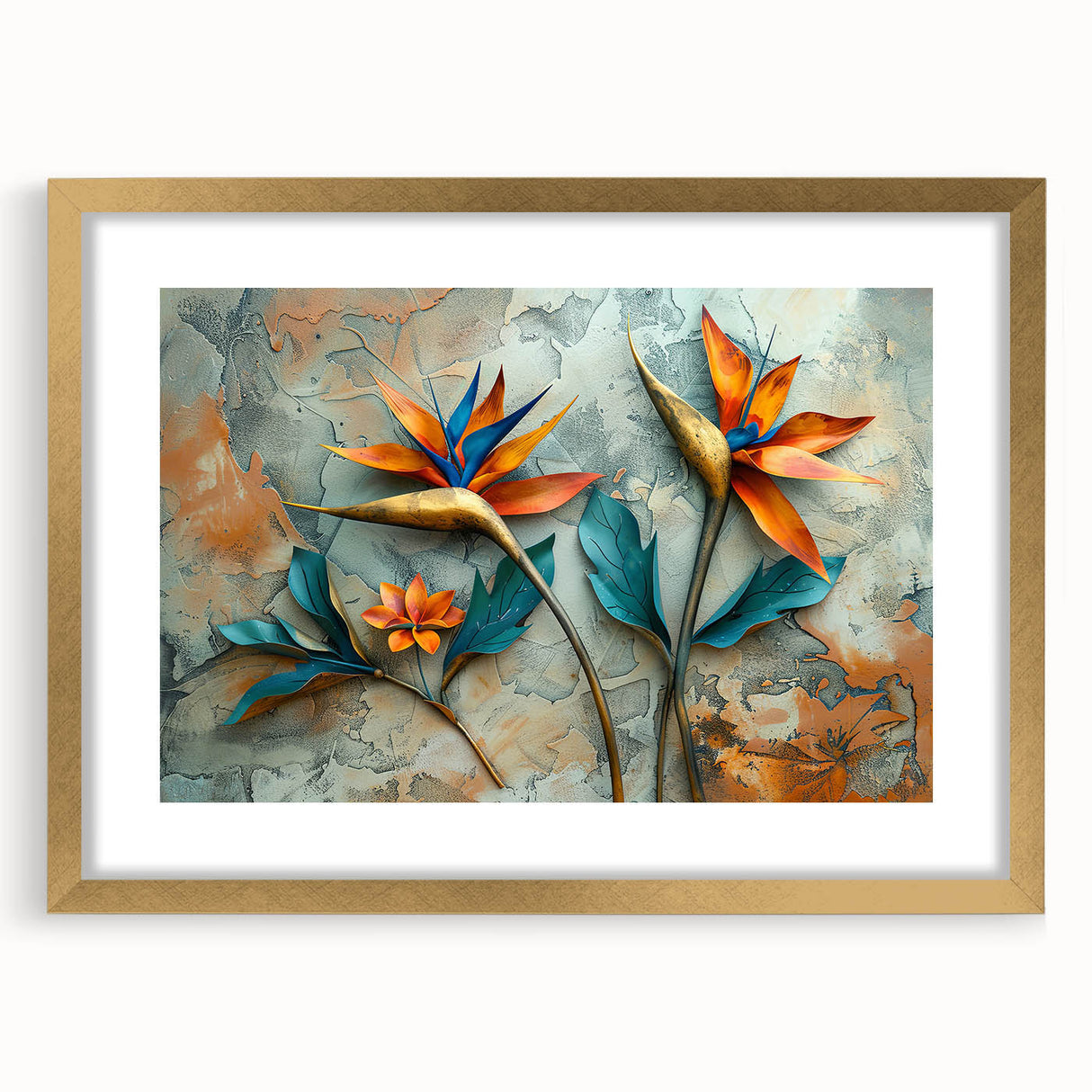 Botanical wall art featuring a vibrant Bird of Paradise design framed in gold, showcasing intricate floral details and a stylish mat, perfect for modern decor.