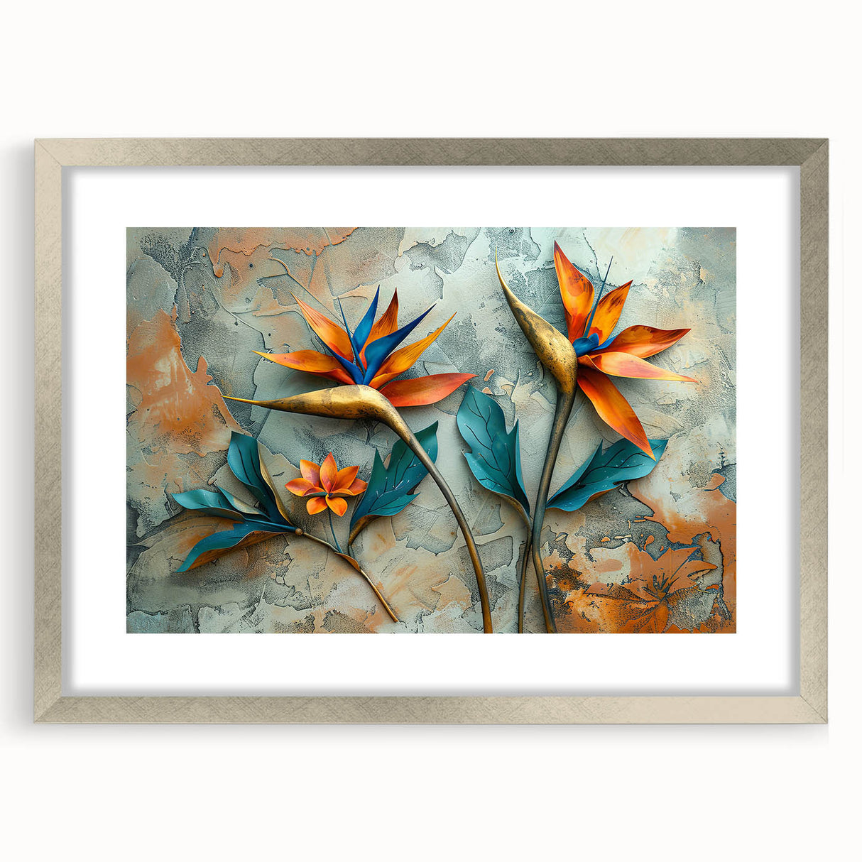 Botanical wall art featuring a vibrant Bird of Paradise design, framed in silver with a mat, highlighting intricate floral details against a neutral background.