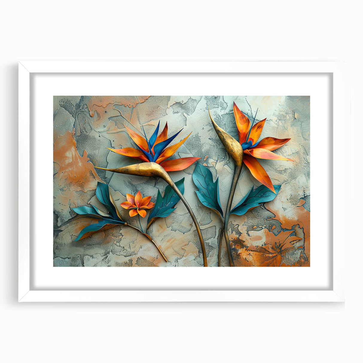 Botanical wall art featuring a vibrant Bird of Paradise design framed in white, showcasing colorful floral motifs against a clean backdrop, ideal for home decor.