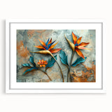 Botanical wall art featuring a vibrant Bird of Paradise design framed in white, showcasing colorful floral motifs against a clean backdrop, ideal for home decor.