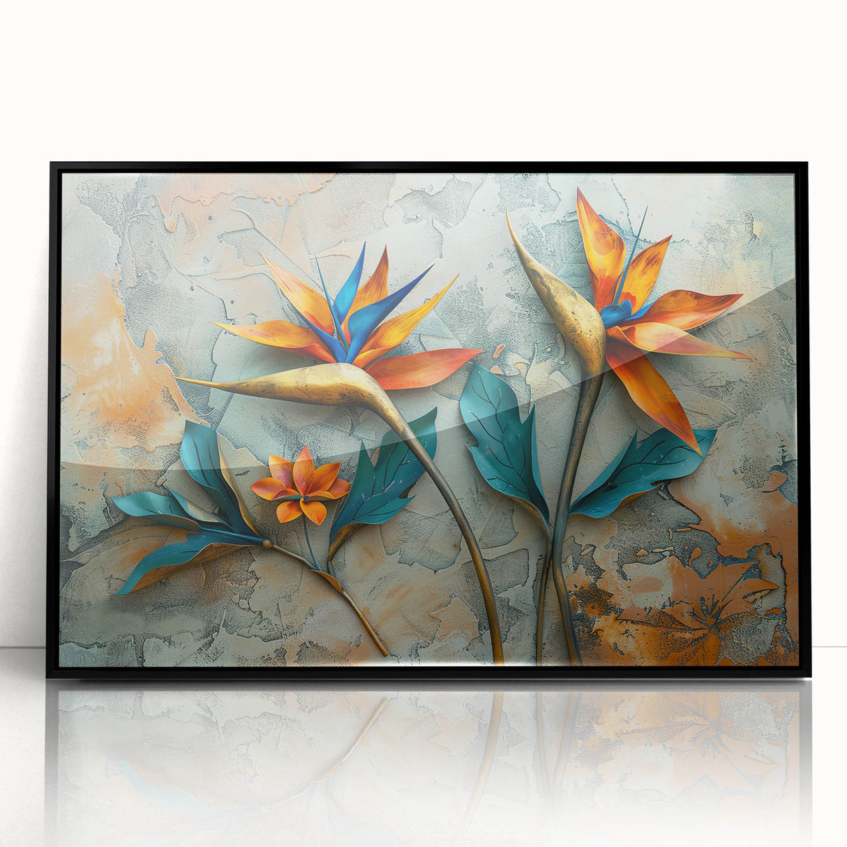 Framed wall art featuring a vibrant Bird of Paradise design with rich colors on an acrylic surface, set in a sleek black frame, perfect for modern decor.