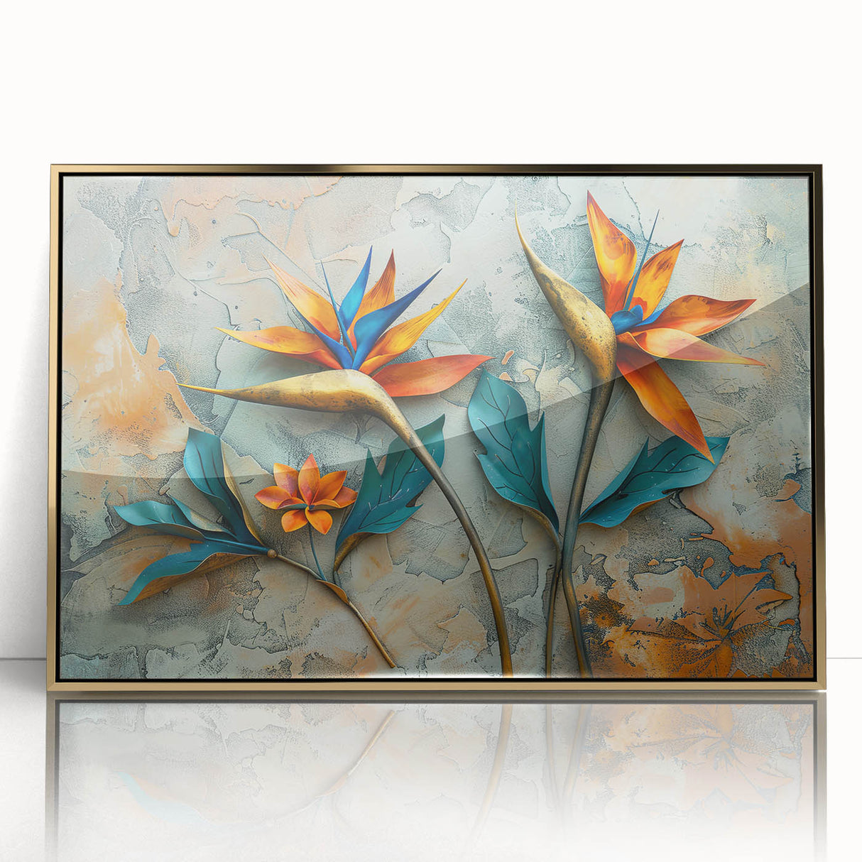 Framed wall art featuring a vibrant Bird of Paradise design, showcasing intricate floral details with gold accents, perfect for enhancing modern decor.