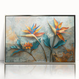 Framed wall art featuring a vibrant bird of paradise design with colorful floral elements, elegantly showcased in a silver frame, perfect for enhancing modern decor.
