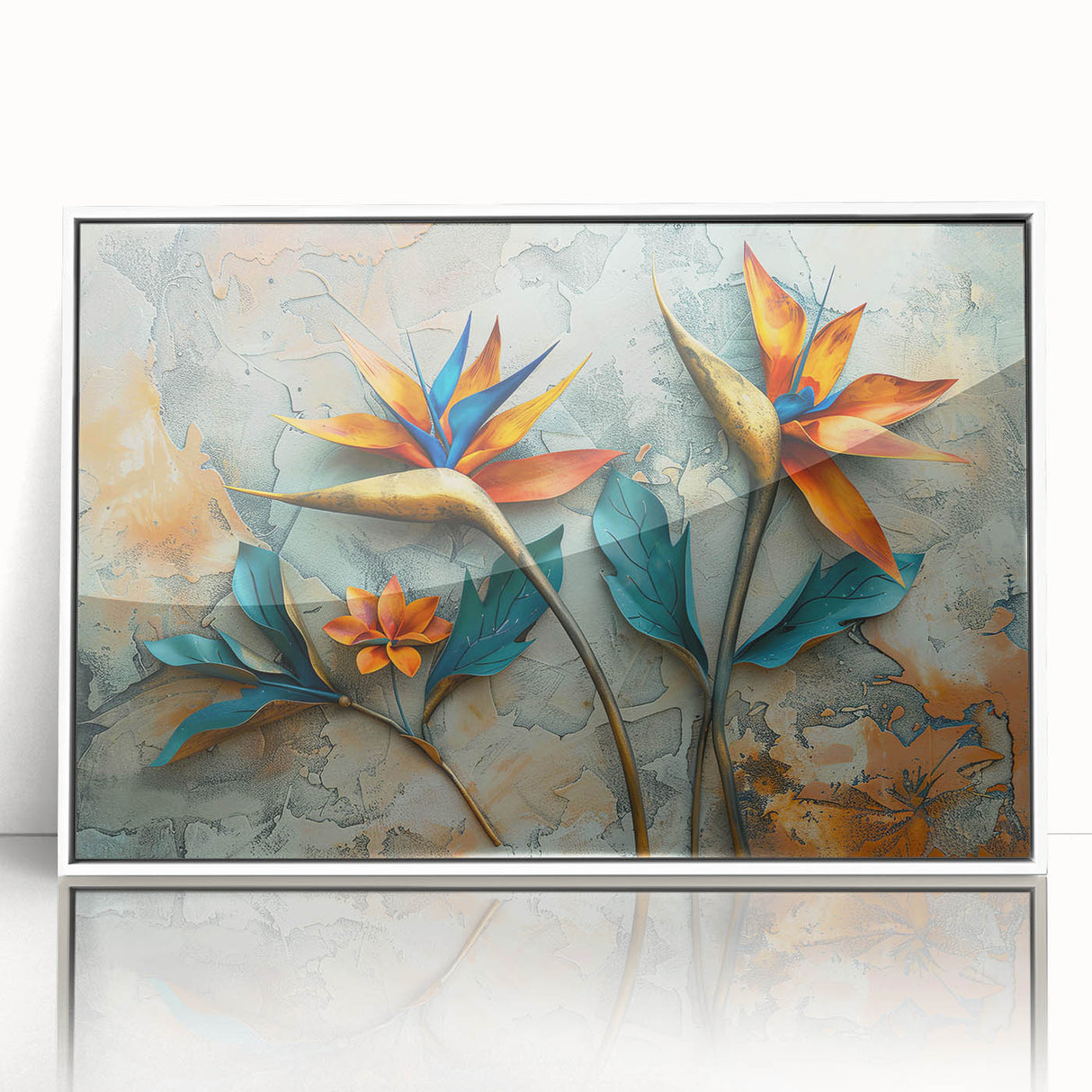 Framed wall art featuring a vibrant Bird of Paradise design, showcasing intricate floral details in bright colors against a white background, perfect for home decor.