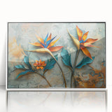 Framed wall art featuring a vibrant Bird of Paradise design, showcasing intricate floral details in bright colors against a white background, perfect for home decor.