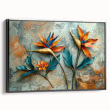 Framed canvas wall art showcasing a vibrant Bird of Paradise floral design, featuring rich colors and intricate details, presented in a sleek black frame. Ideal for enhancing modern home decor.