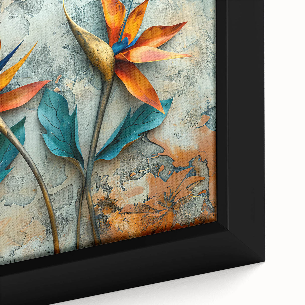 Close-up of a framed canvas artwork depicting a vibrant Bird of Paradise flower in a botanical design, showcasing rich colors and intricate details, ideal for home decor.