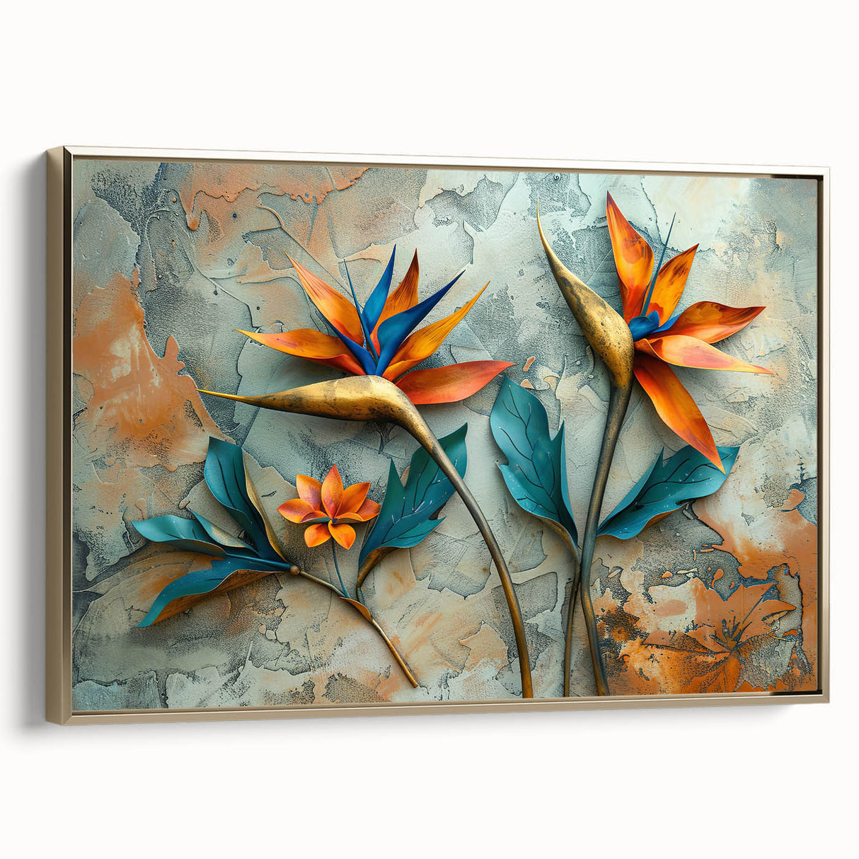 Framed wall art showcasing a vibrant Bird of Paradise design with gold accents, ideal for botanical-themed decor. Perfect for enhancing modern interiors.
