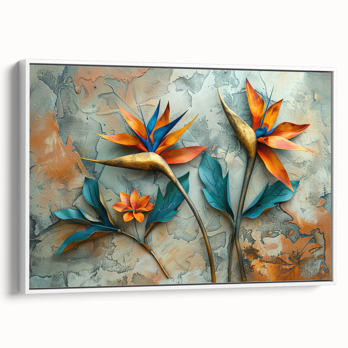 Framed canvas wall art showcasing a vibrant Bird of Paradise design in botanical style, featuring bright colors on a white background, perfect for modern decor.