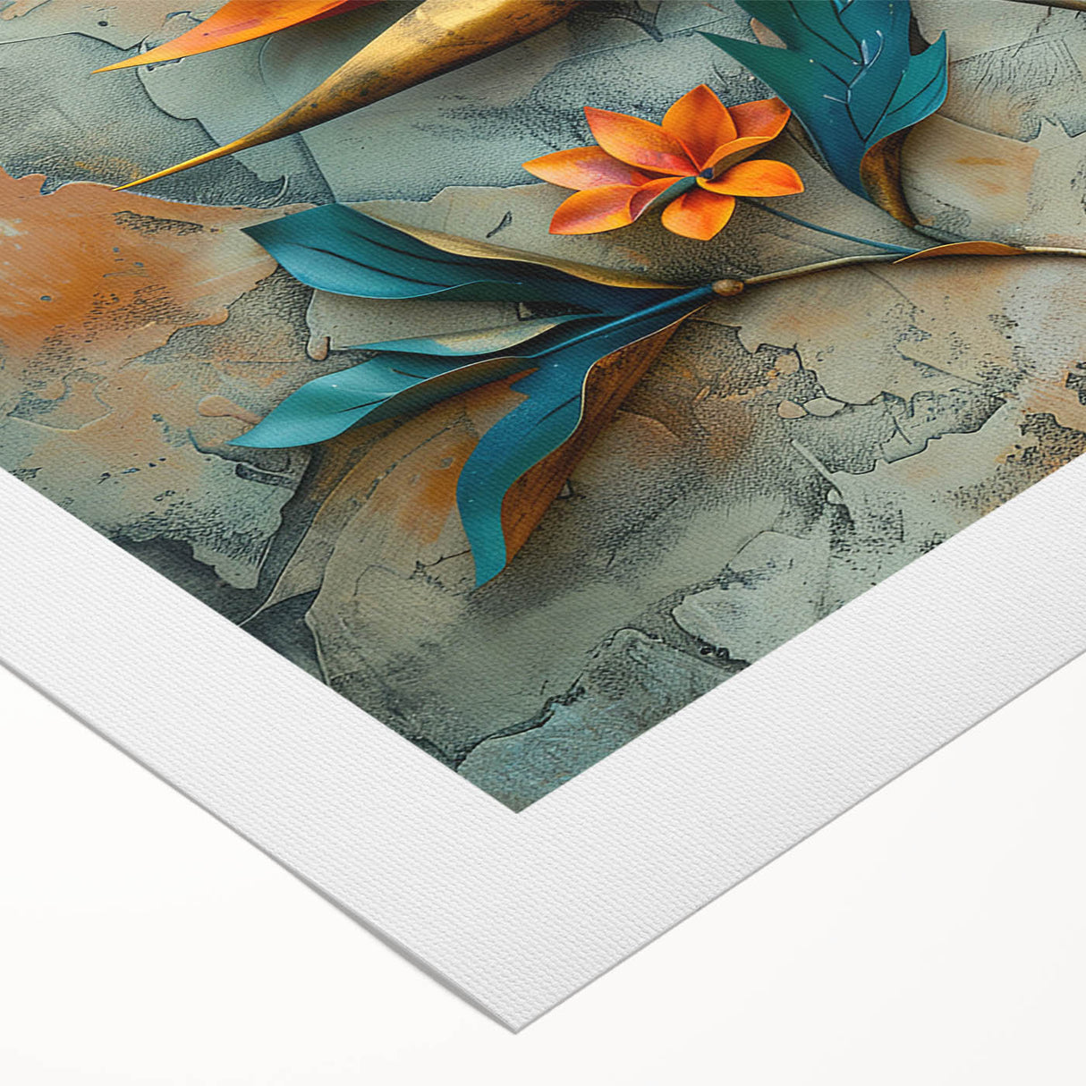 Vibrant rolled canvas featuring a striking botanical design of a bird of paradise, showcasing rich colors and intricate details, ideal for enhancing home decor.