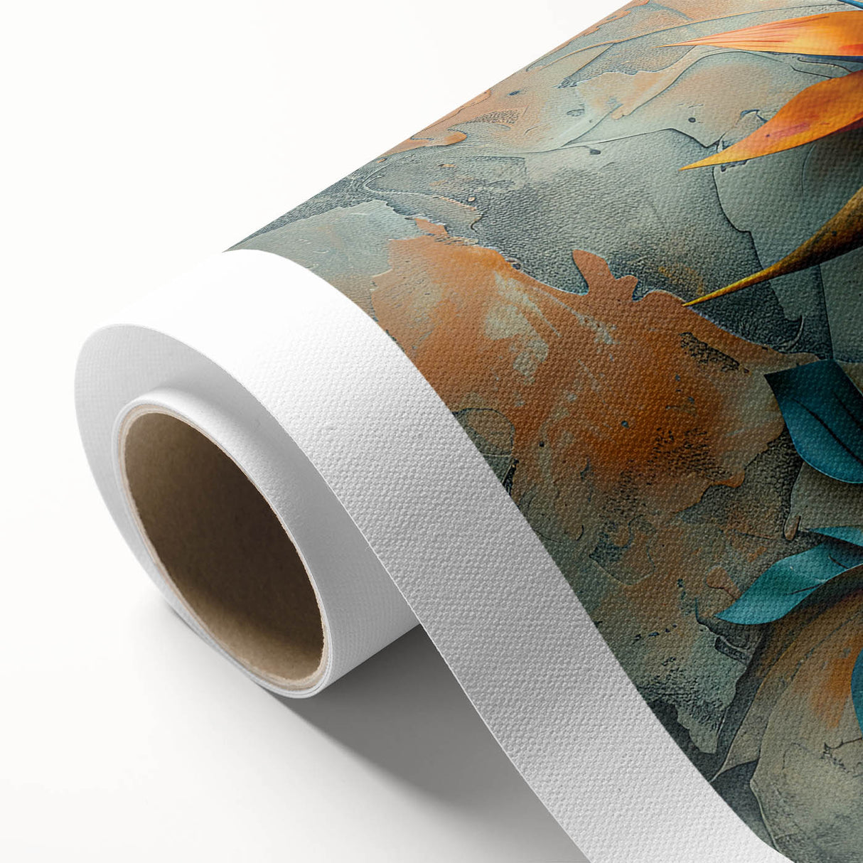 Vibrant rolled canvas showcasing a botanical bird of paradise design, featuring lush green leaves and colorful flowers, perfect for home decor or wall art collection.