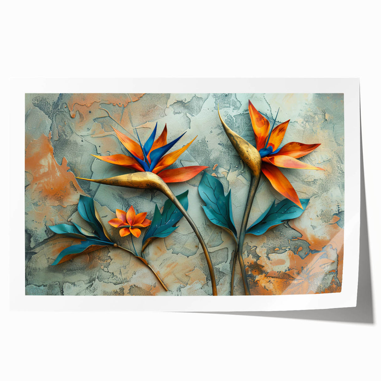 Vibrant botanical wall art featuring a stunning bird of paradise design, showcasing rich colors and intricate details, ideal for home decor or gallery display.