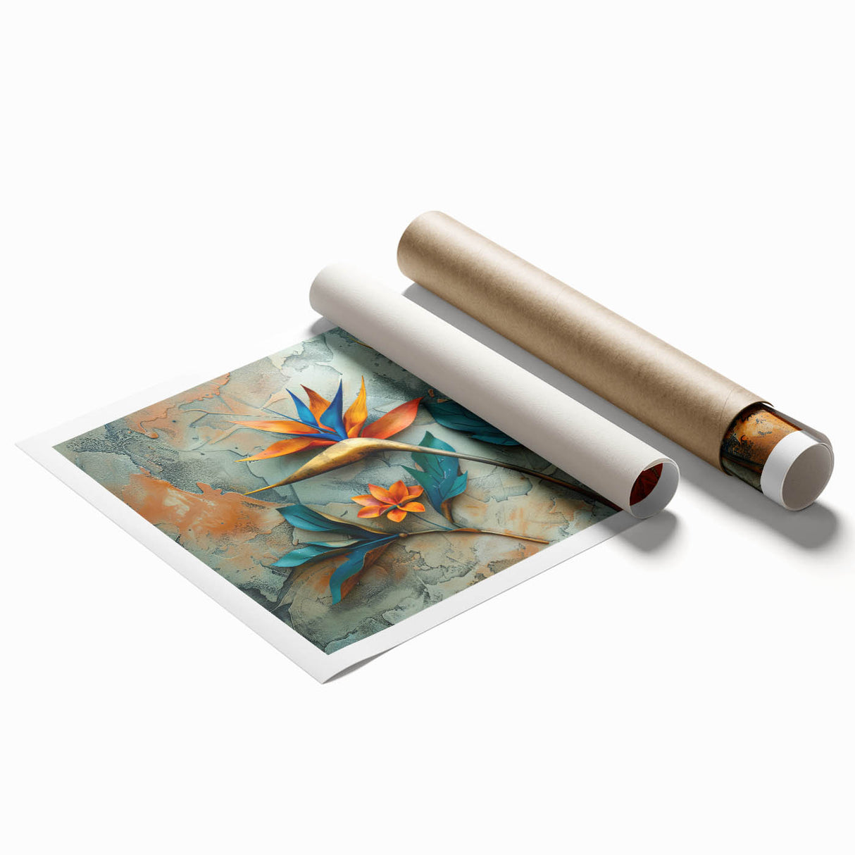 Vibrant rolled print showcasing a botanical bird of paradise design, featuring lush green leaves and striking orange flowers, ideal for enhancing home decor.