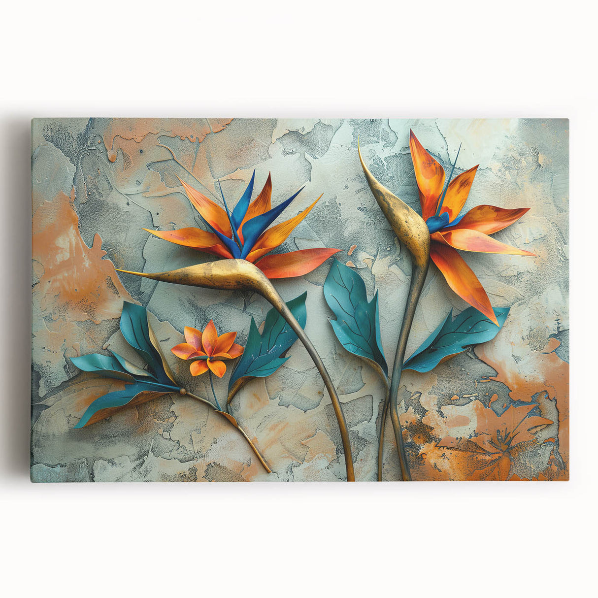 Stretched canvas wall art featuring a vibrant Bird of Paradise floral design, showcasing rich colors and intricate botanical details, perfect for home decor enhancement.