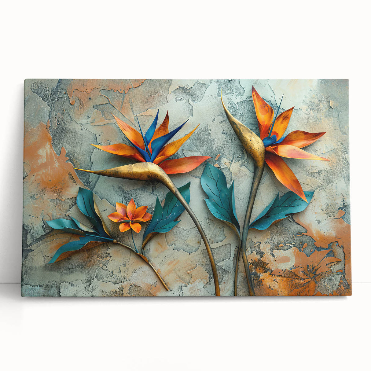 Stretched canvas wall art featuring a vibrant botanical design of a Bird of Paradise, showcasing vivid colors and intricate details, perfect for home decor.