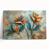Stretched canvas wall art featuring a vibrant botanical design of a Bird of Paradise, showcasing vivid colors and intricate details, perfect for home decor.