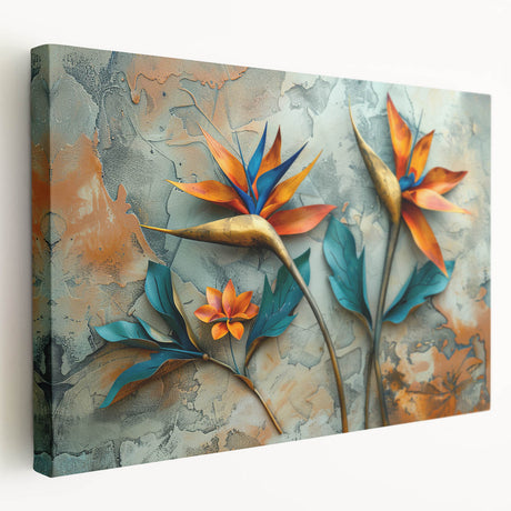 Stretched canvas wall art showcasing a vibrant Bird of Paradise design, featuring bold colors and intricate botanical details, ideal for home decor enhancement.