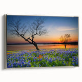 Framed canvas wall art showcasing a botanical bluebonnet design, featuring elegant silver accents and a side view perspective, perfect for home decor.