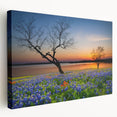 Stretched canvas wall art featuring a vibrant bluebonnet botanical design in a side view, showcasing intricate floral details and rich colors, perfect for home decor.