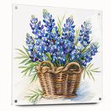 Close-up of a botanical bluebonnet wall art piece displayed with acrylic glass, showcasing vibrant blue and green colors, perfect for home decor enhancement.