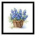 Framed botanical wall art featuring a detailed bluebonnet design in shades of blue and green, set against a black mat and frame, perfect for home decor.