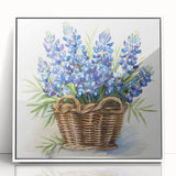 Framed wall art showcasing a vibrant bluebonnet botanical design in acrylic, with a sleek white frame, perfect for enhancing home decor elegance.