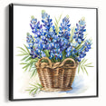 Framed wall art showcasing a botanical bluebonnet design on canvas, featuring a black frame and side view, perfect for enhancing home décor with nature-inspired aesthetics.