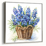 Framed canvas wall art showcasing a botanical bluebonnet design, featuring vibrant colors and a sleek silver frame, ideal for enhancing home decor.