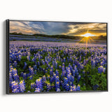 Framed canvas wall art showcasing a vibrant bluebonnet botanical design, displayed from a side view against a neutral background, emphasizing its black frame and detailed floral patterns. Perfect for home decor enthusiasts looking to enhance their space with nature-inspired art.